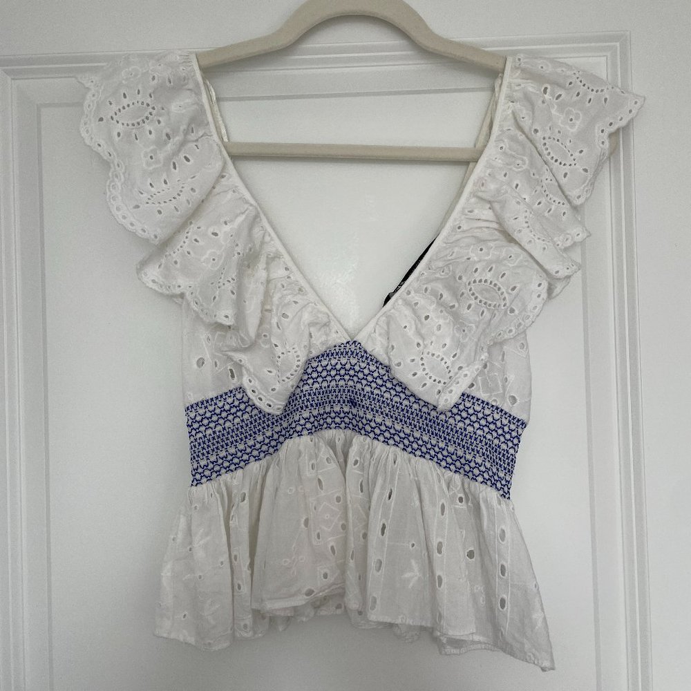 White Eyelet V-neck Zara Top